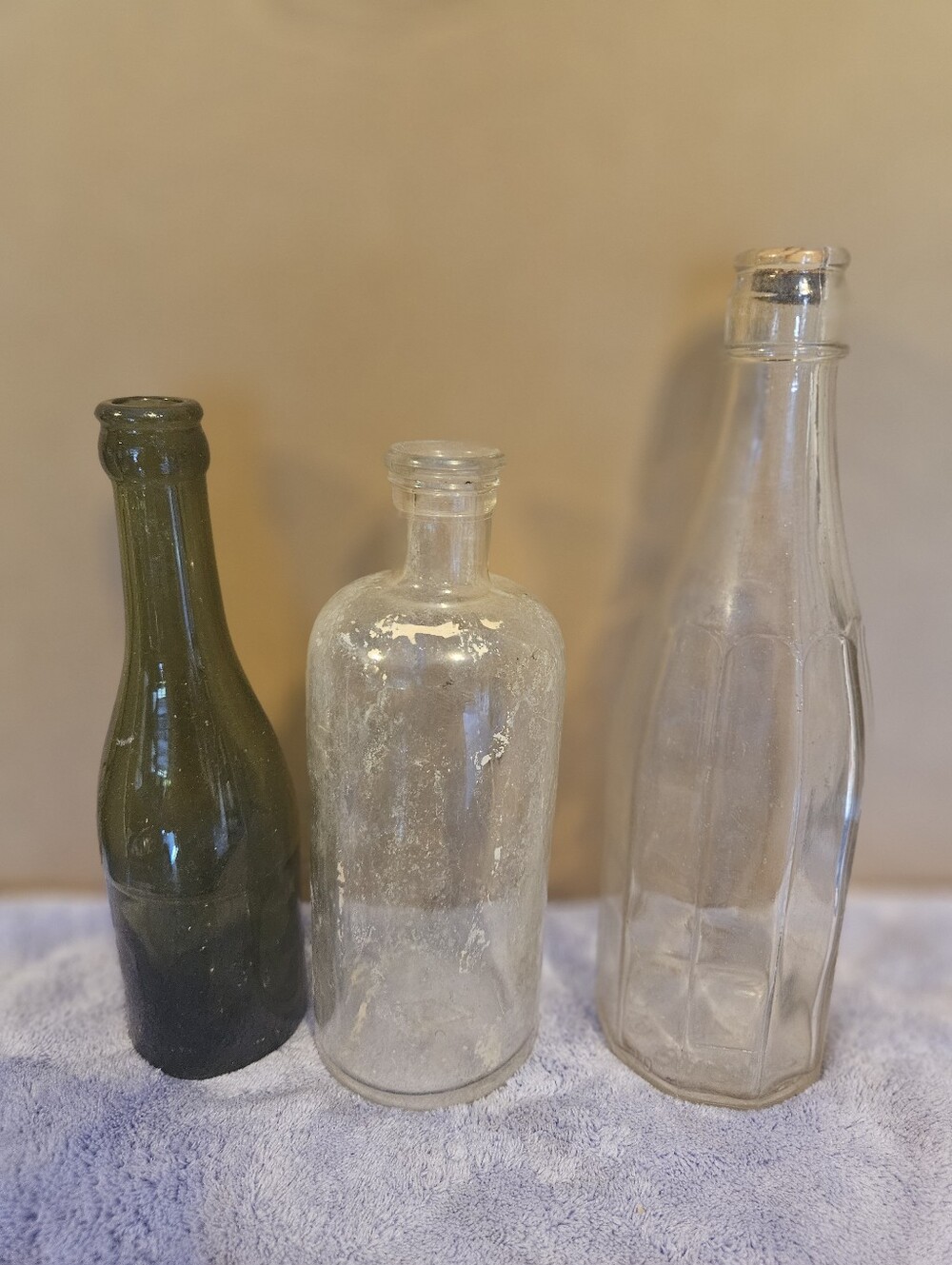 Vintage Clear and Olive Glass Bottle Set - Decor Or Collecting